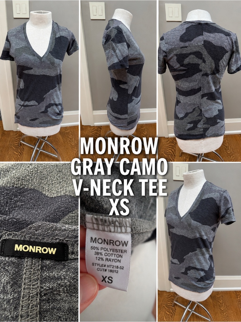 MONROW Gray Camo V-Neck Tee XS Soft Lightweight Camouflage T-Shirt
